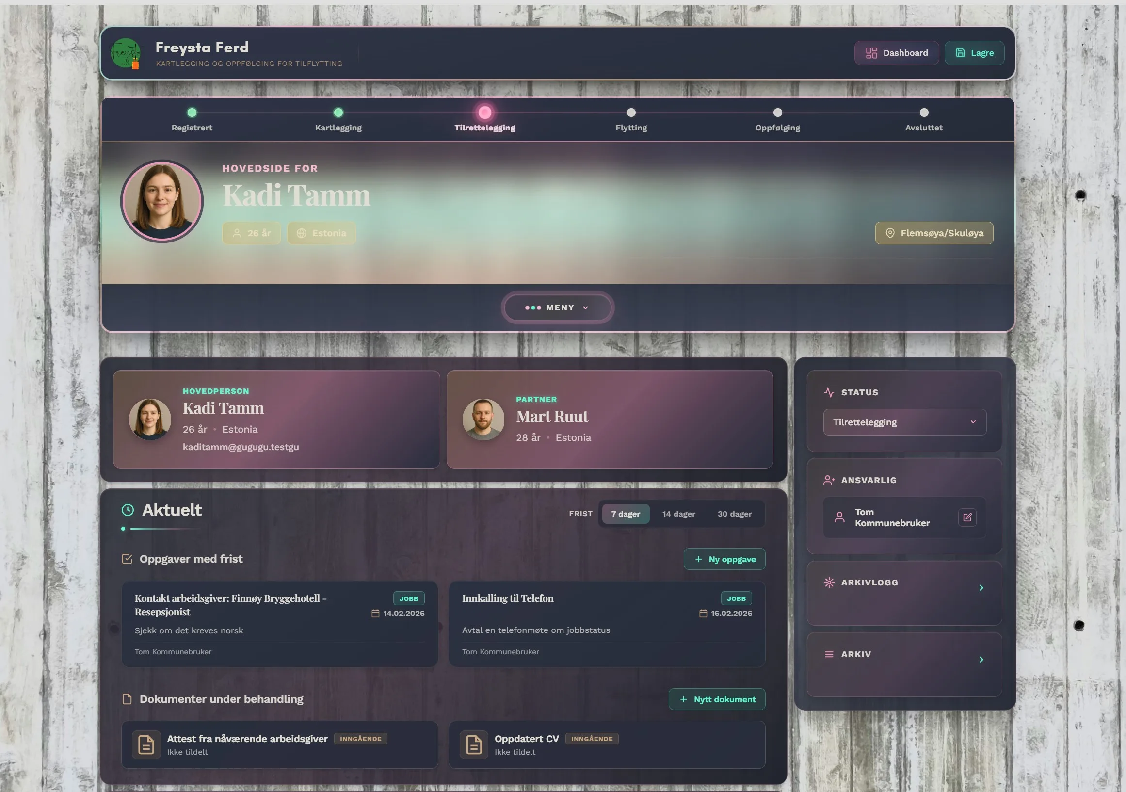 Freysta Ferd sakvisning med faseprogresjon, personinformasjon, oppgaver og dokumenter