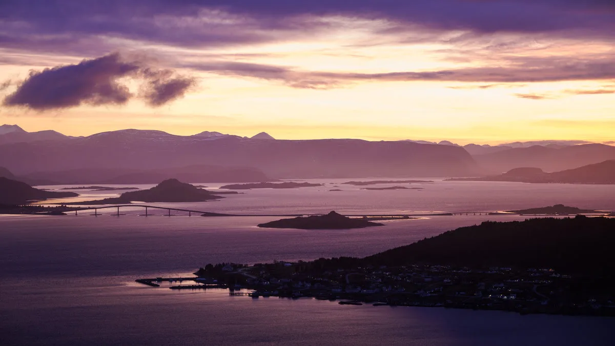 Panoramic sunset view over the islands and bridges of Nordøyane