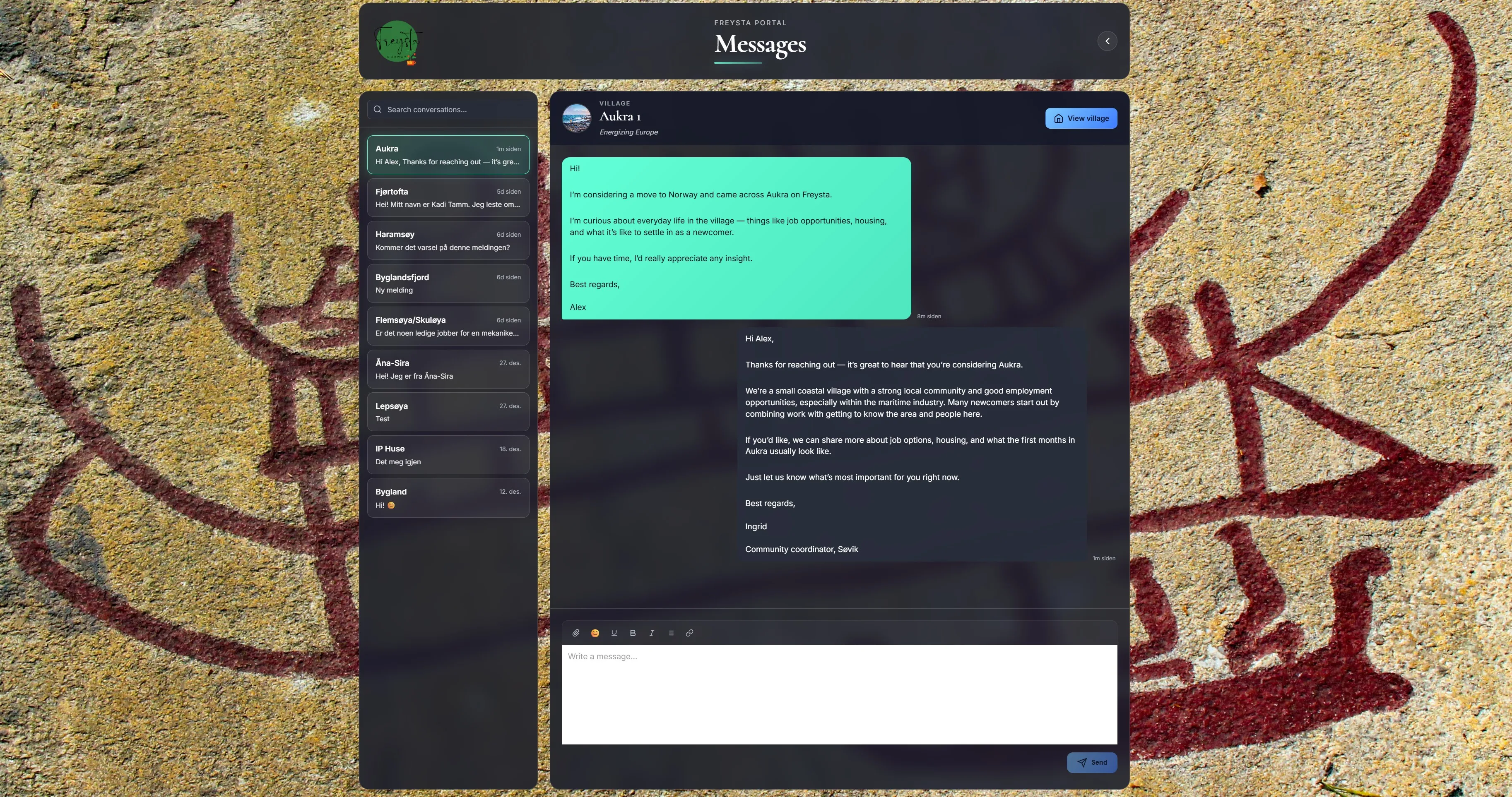 Screenshot of Freysta messaging between user and village