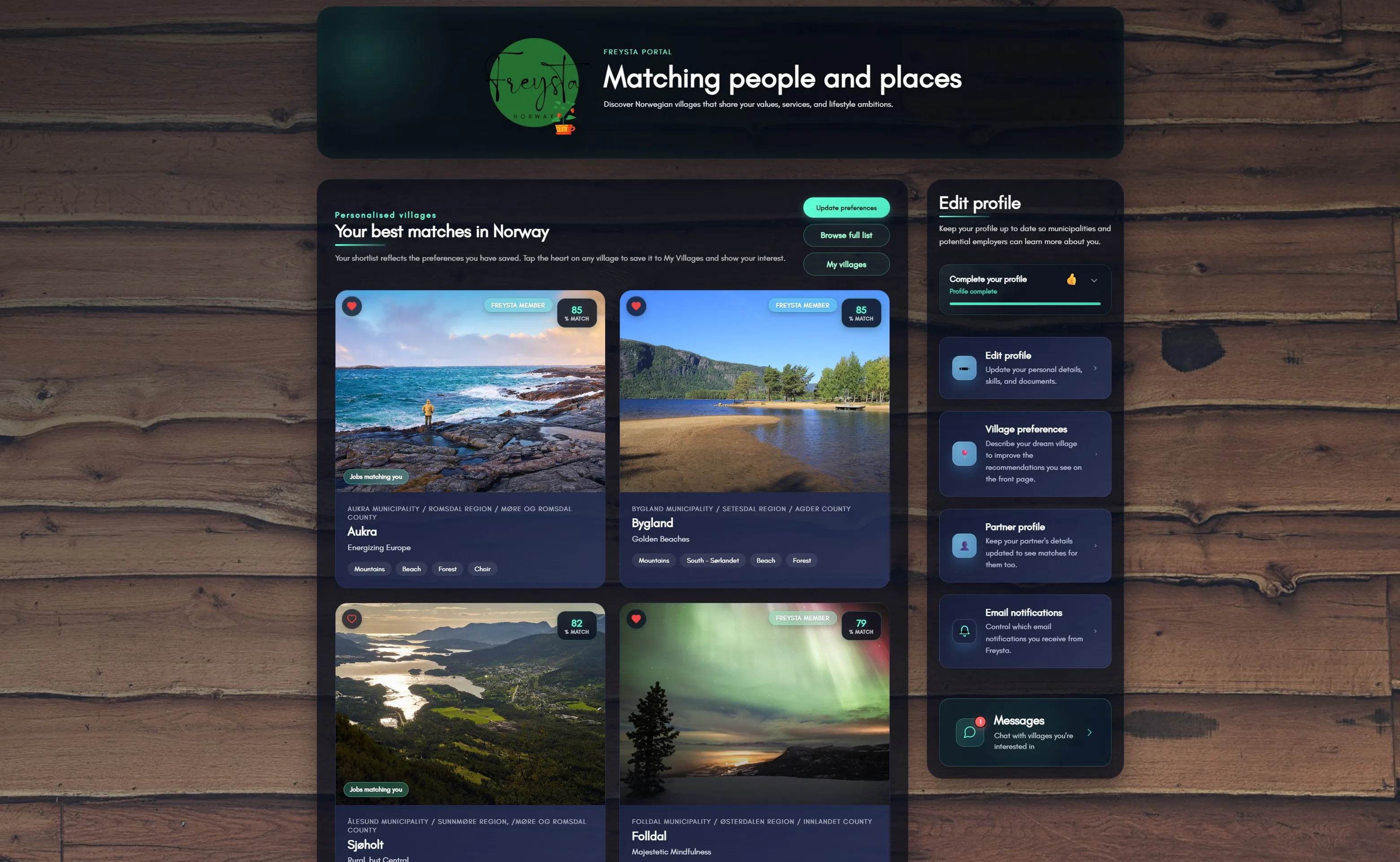 Screenshot of Freysta village matching dashboard