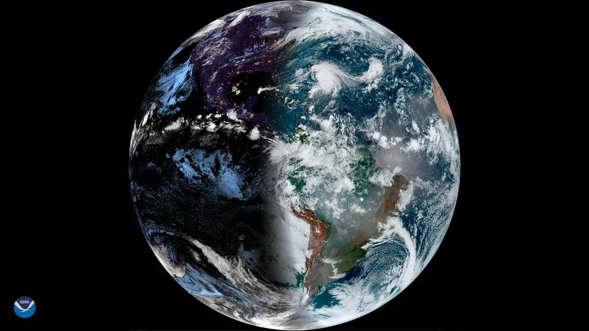 Satellite view of Earth during the equinox, with nearly equal day and night across the globe