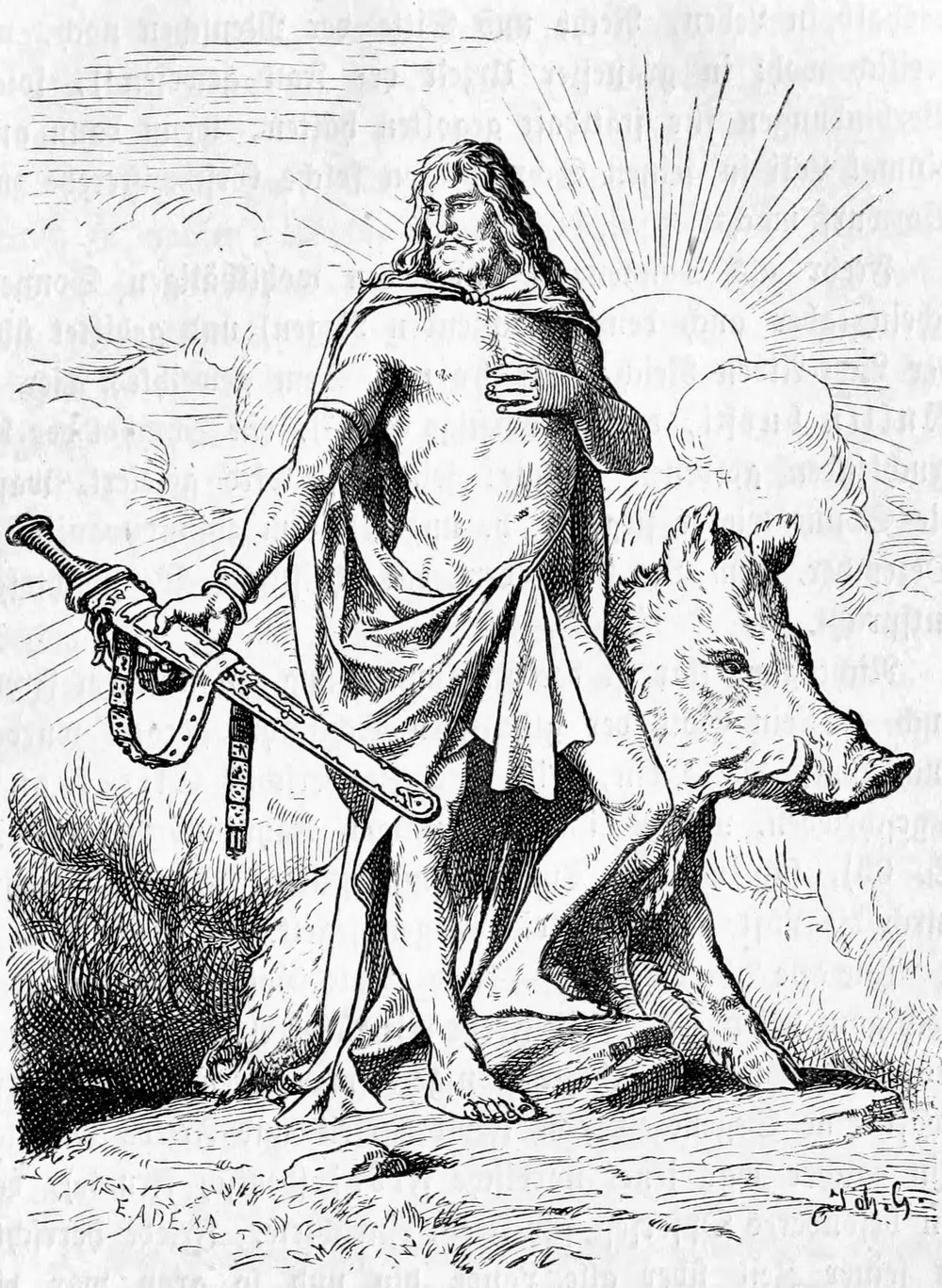 Illustration of the Norse god Freyr standing with a boar, holding a sword, with sun rays behind him