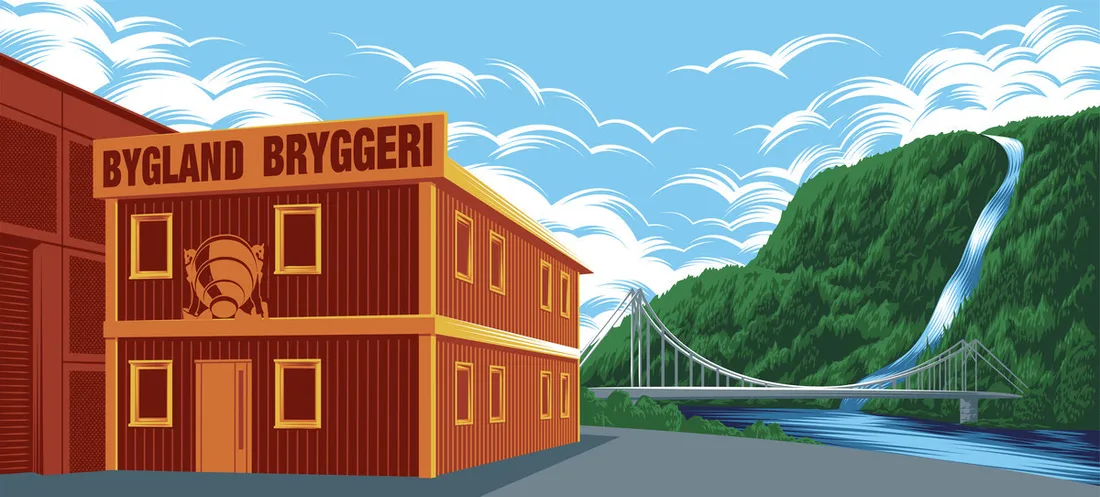 Illustrated panoramic view of the Bygland Bryggeri building nestled in beautiful Norwegian mountain surroundings