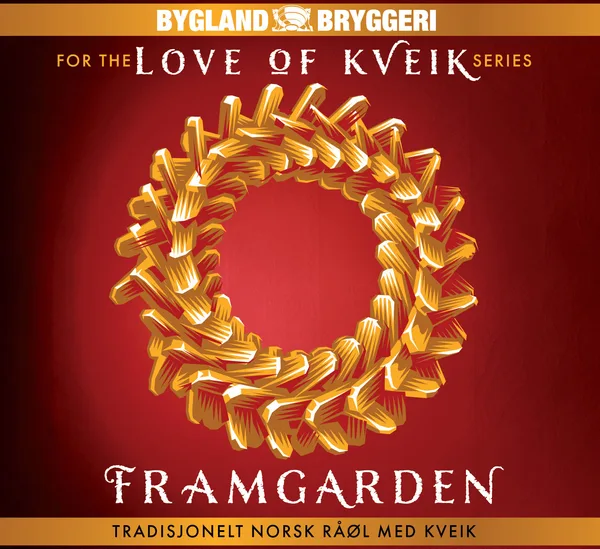 Beer label for Framgarden Love of Kveik series, featuring a green wreath on red background