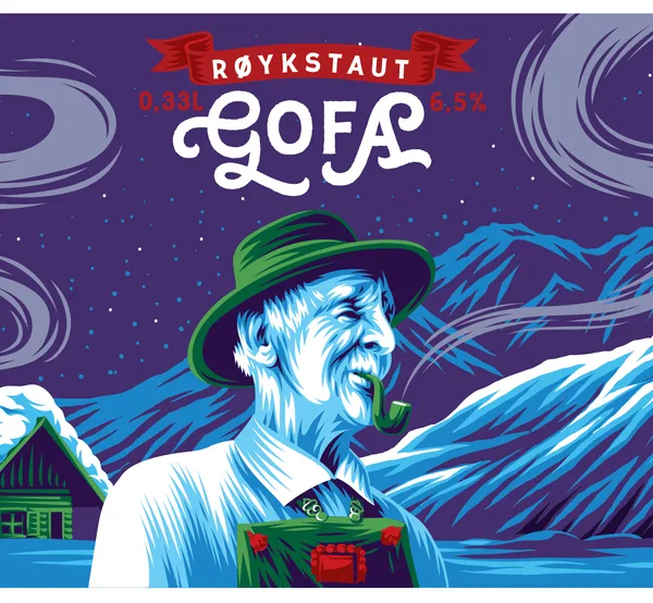 Beer label for Gofa Røykstaut showing an old man with a pipe