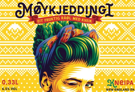Beer label for Møykjeddingi showing a woman with flowing green hair