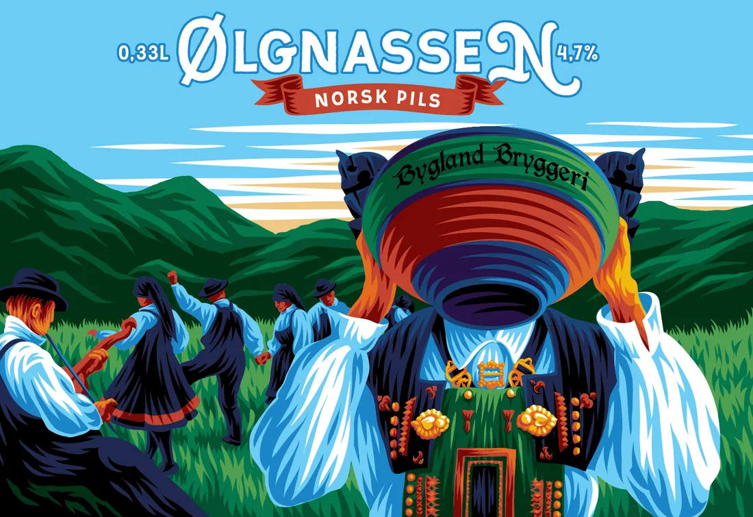 Beer label for Ølgnassen Norsk Pils showing a lady in traditional Setesdal bunad holding a beer bowl