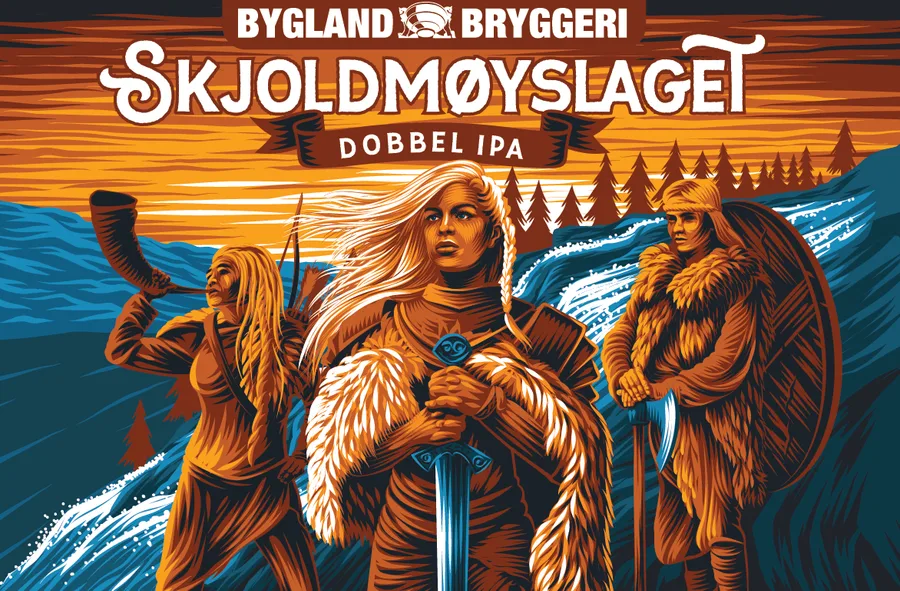 Beer label for Skjoldmøyslaget Dobbel IPA showing illustrated shield maidens with axes and shields