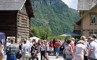 Ose village in the Setesdal valley with river and mountains