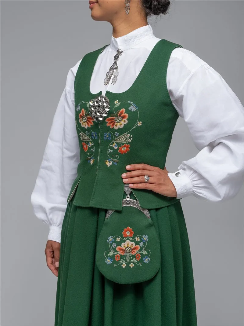 Back view of a Bolsøy bunad bodice with embroidery and pleats