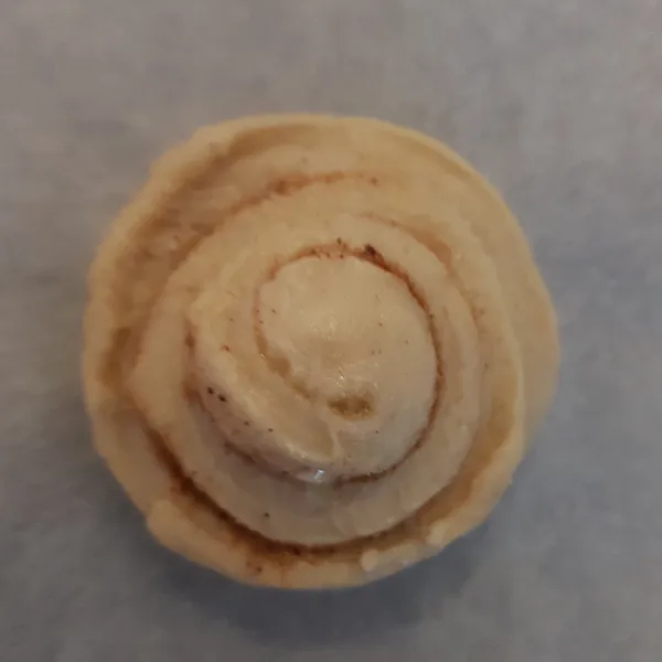 Single unbaked cinnamon bun spiral on parchment paper, ready to rise