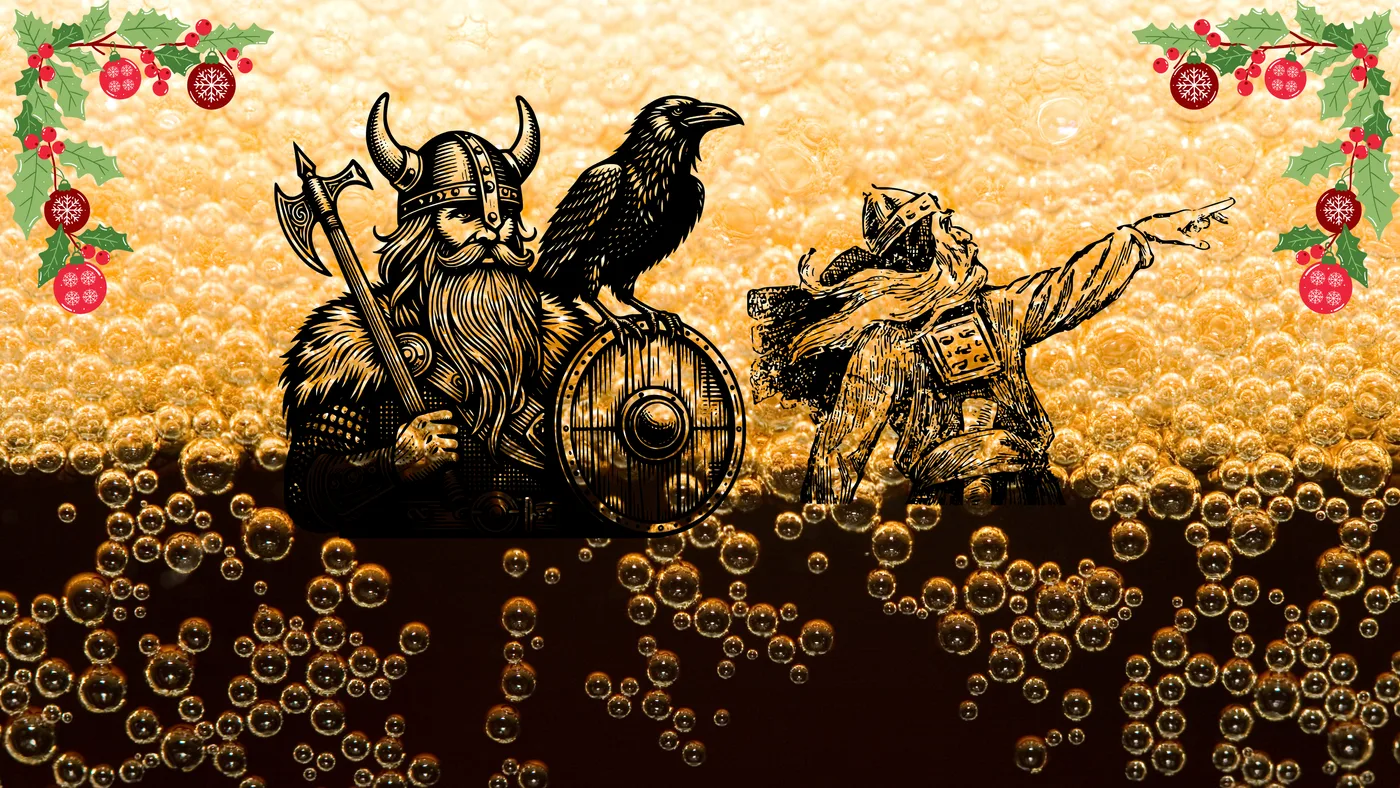 Illustration of Vikings and a raven rising from foaming Christmas beer, with festive decorations