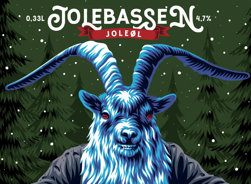 Christmas beer label Jølebassen featuring a blue goat-masked figure in front of a dark spruce forest with falling snow