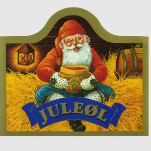 Norwegian juleøl label with traditional winter scenery