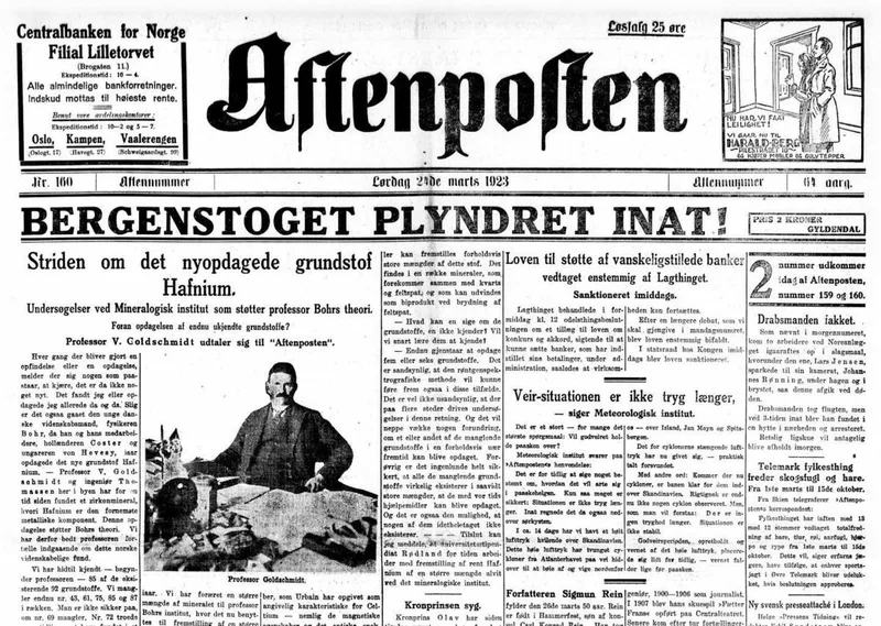 Front page of Aftenposten from March 24, 1923, with the headline Bergenstoget Plyndret Inat