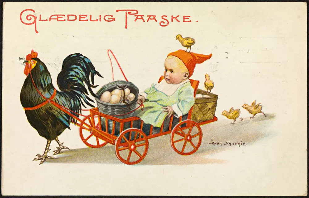 Vintage Easter postcard showing a rooster pulling a cart with a baby, eggs, and chicks, with the text Glædelig Paaske