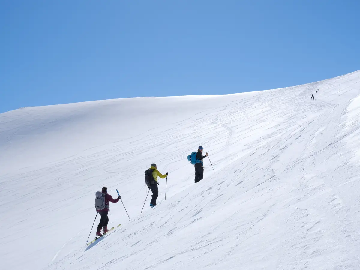Three hikers climbing a steep snow-covered mountain slope on skis under a clear blue sky