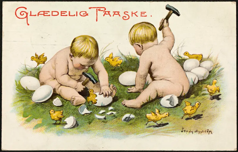 Vintage Easter card showing a colorful spring scene with the text Glædelig Paaske - Happy Easter