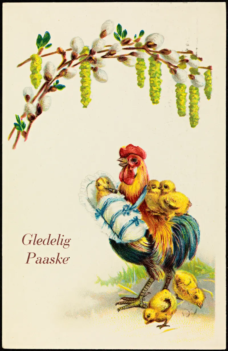 Vintage Easter card from 1928 showing a rooster carrying chicks on its back under pussy willow branches, with the text Gledelig Paaske