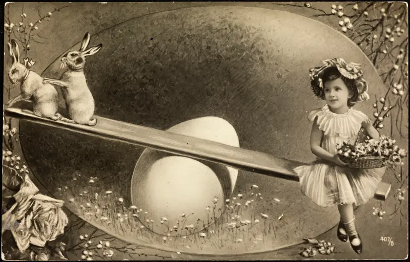 Vintage Easter card from 1907 showing a large colorful illustration with Easter motifs