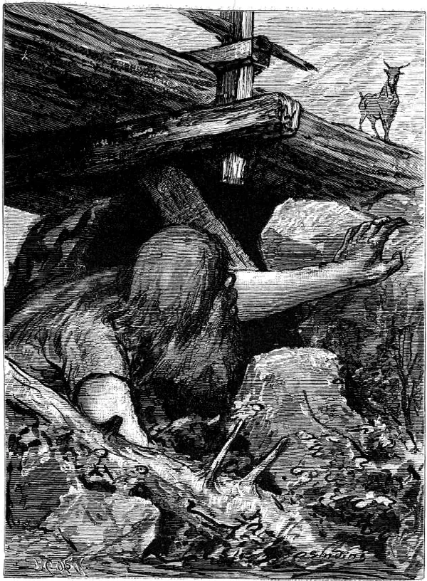 Black and white woodcut illustration of the troll lurking under the bridge as a billy goat crosses above