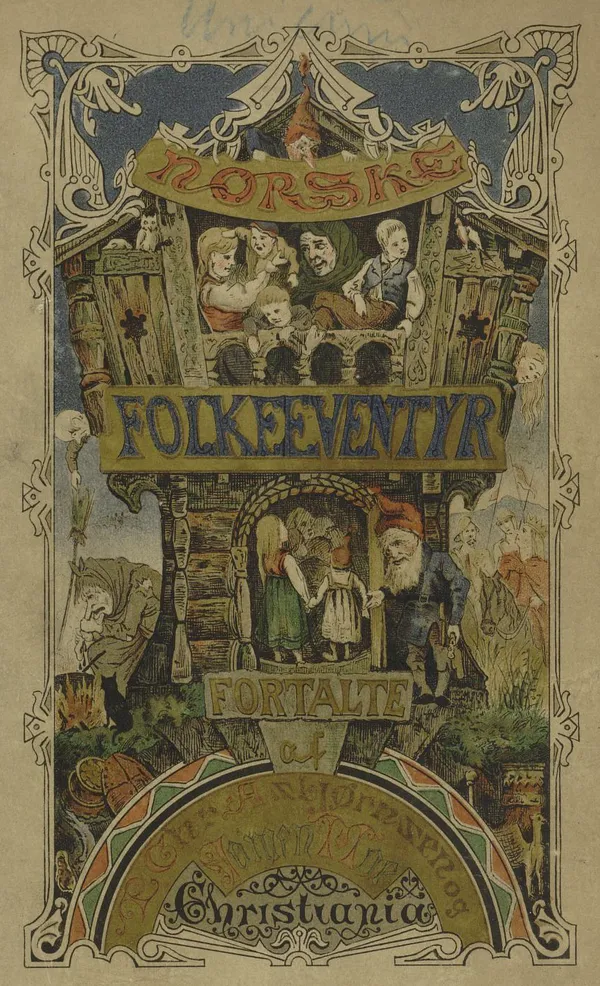 Front page of Asbjørnsen and Moe's book 'Norske Folkeeventyr' with ornate illustrations of folk tale characters
