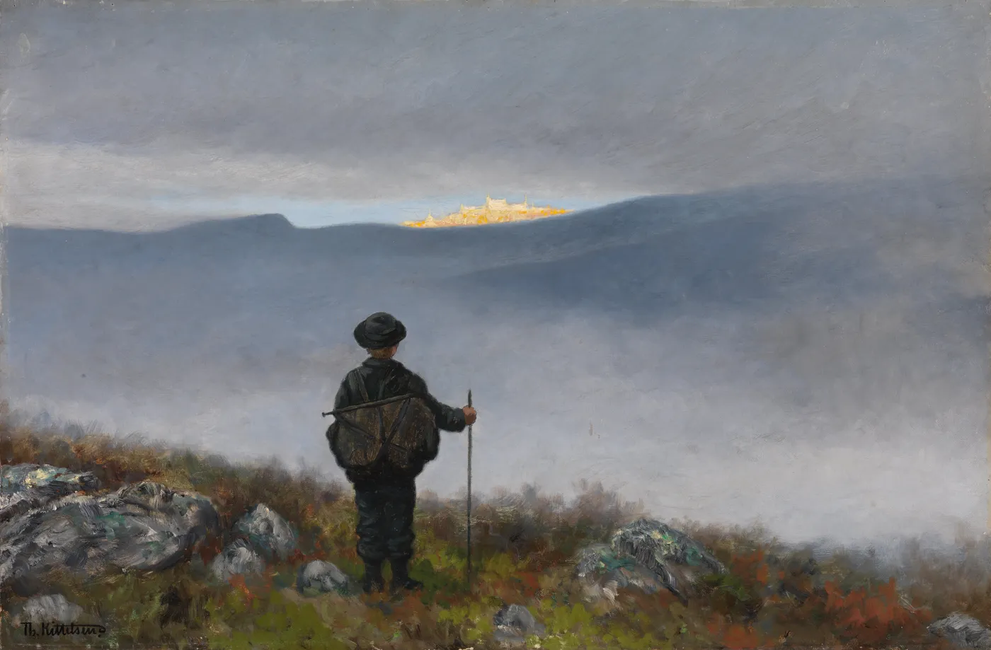 Painting by Theodor Kittelsen showing a boy gazing at the golden castle of Soria Moria across misty blue mountains