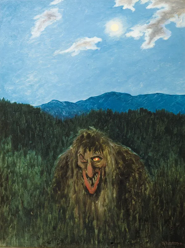 Painting by Theodor Kittelsen of a giant one-eyed forest troll towering above the treetops