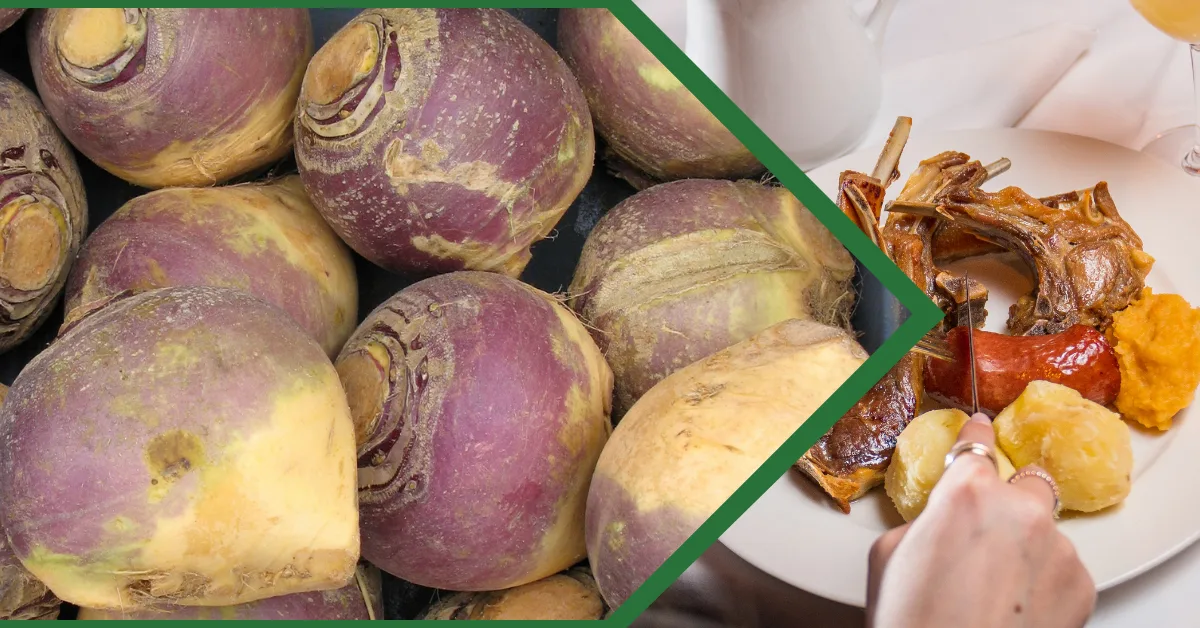Fresh green cabbage and brassica vegetables on the left and a prepared rutabaga dish on the right