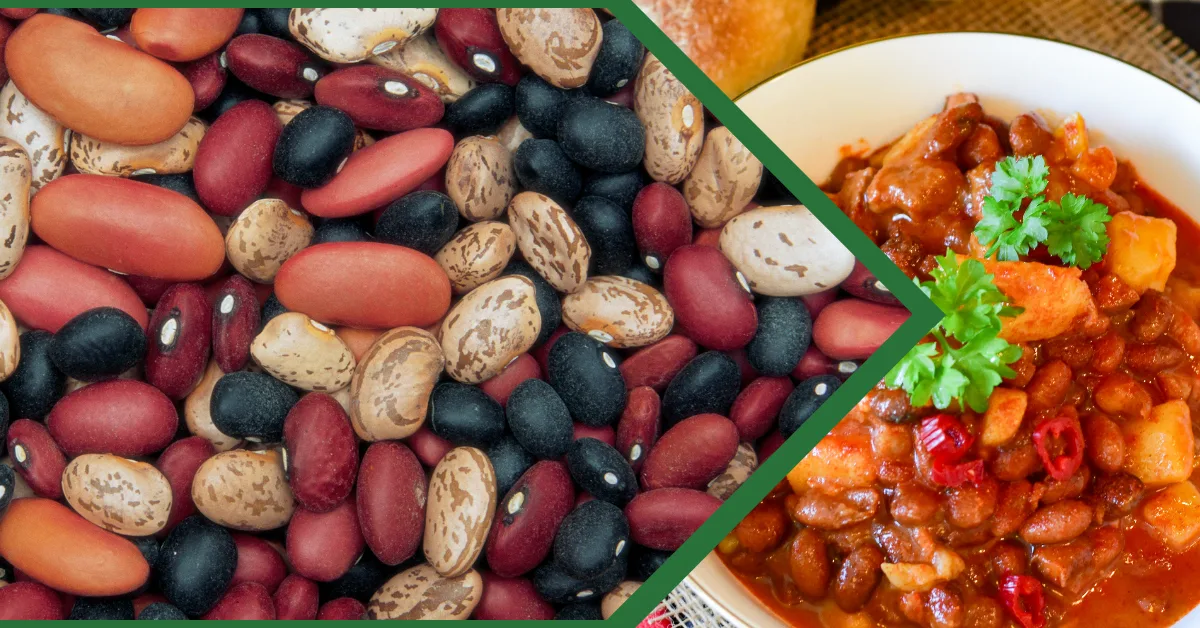 Fresh green peas and beans on the left and a bowl of chili con carne on the right