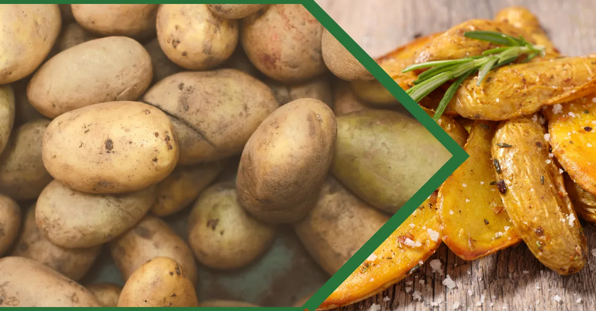 Raw potatoes on the left and crispy roasted potato wedges with rosemary on the right