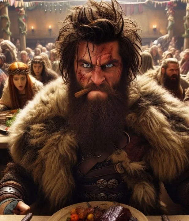 A Viking berserker ferociously eating at a feast with a wild expression