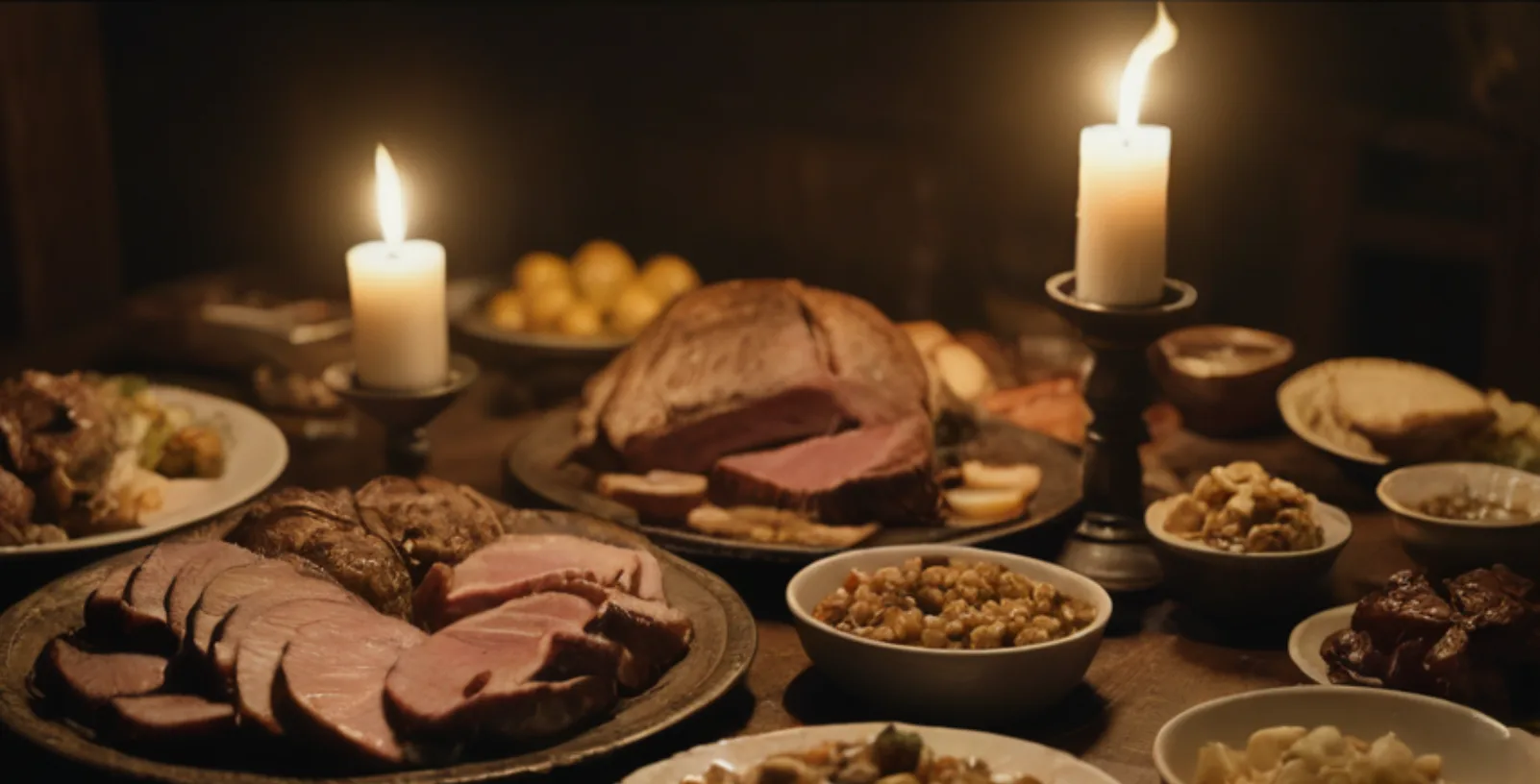 Lavish Viking Yule feast table laden with roasted meats, bread, and mead in a torch-lit longhouse