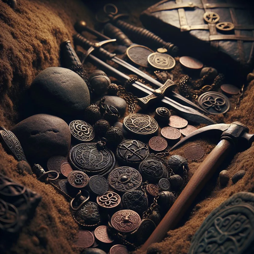 Illustration of a Viking treasure hoard with gold coins, arm-rings and a decorated sword
