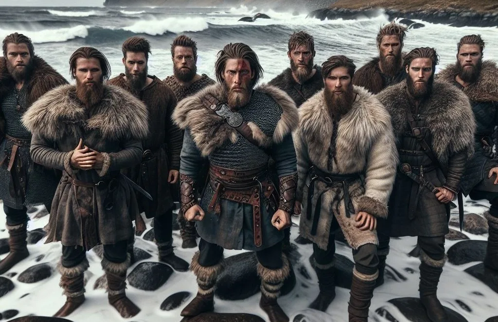 Viking berserker warriors arriving by longship to a snow-dusted Norse coastline
