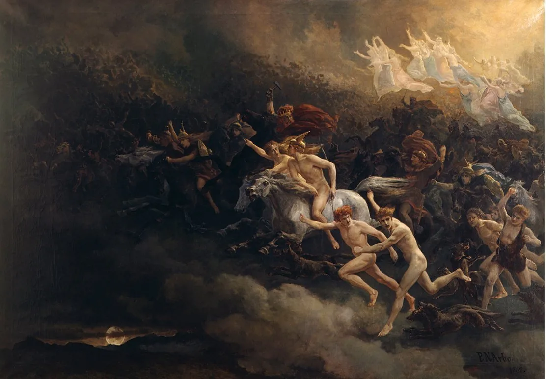 19th-century painting of the Åsgårdsreia, a wild host of ghostly riders and spirits galloping through a dark, stormy sky over the landscape