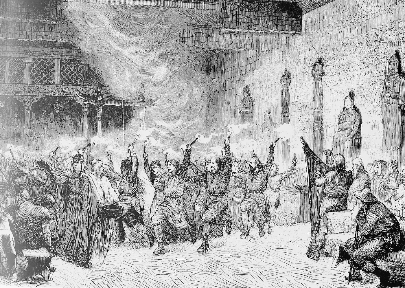 Black-and-white illustration of a crowded Viking hall during a blót ritual, with people dancing and raising their arms around swirling smoke and carved wooden figures on the walls