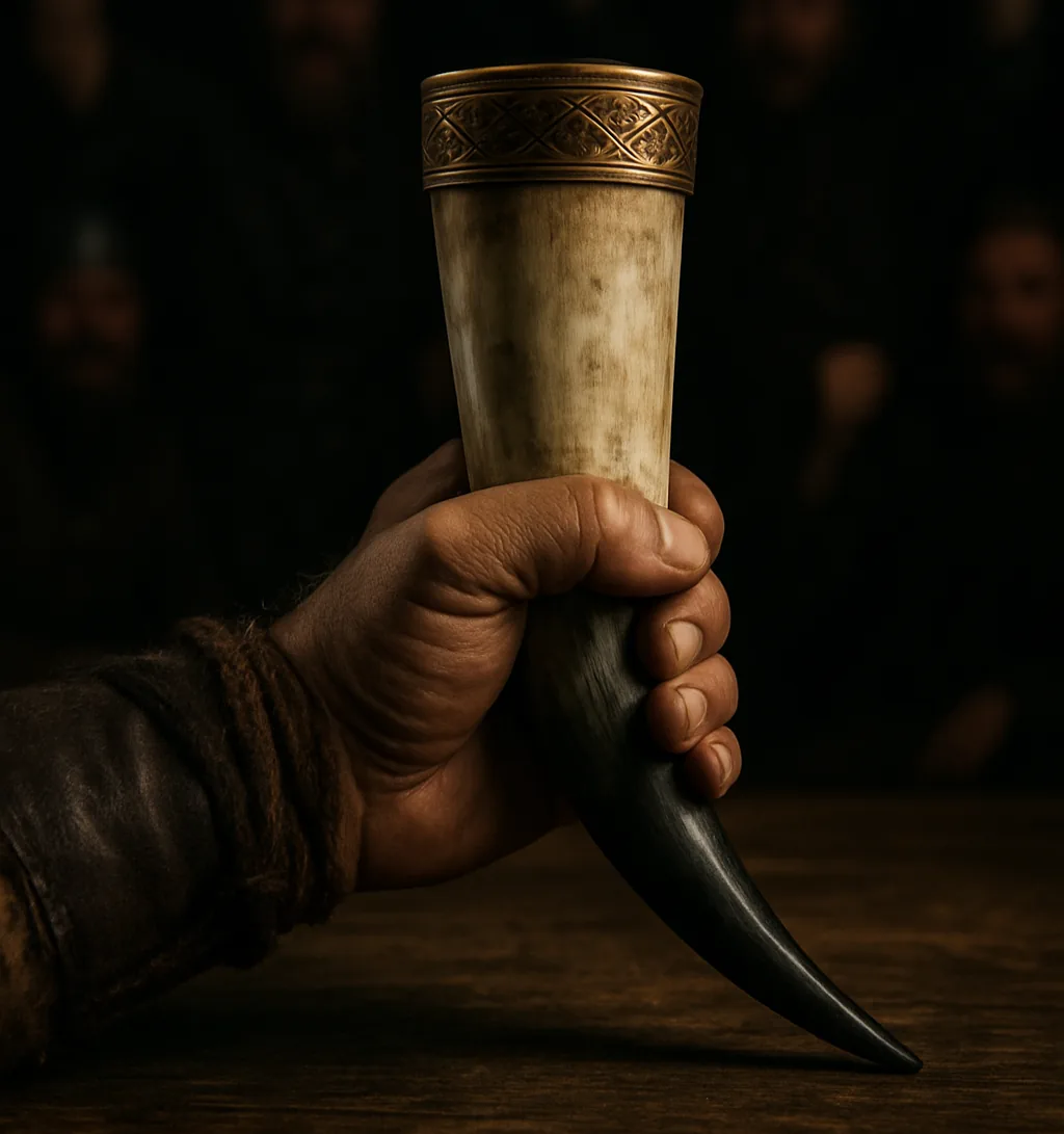 Close-up of a hand holding up an ornate Viking-style drinking horn in a toast, with blurred figures in a dark hall in the background