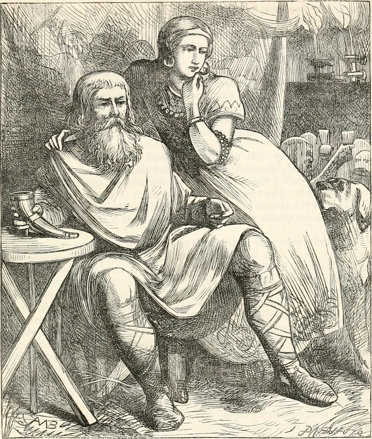 Bearded Viking man sitting with a drinking horn while a woman leans on his shoulder, surrounded by guests at a feast – 19th-century illustration