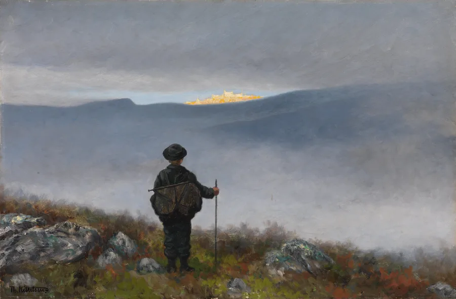 Theodor Kittelsen painting Soria Moria — a shepherd boy gazing at a glowing golden castle in distant blue mountains