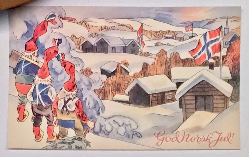 1941 wartime Christmas card showing gnomes in red hats with Norwegian flags as a symbol of national unity