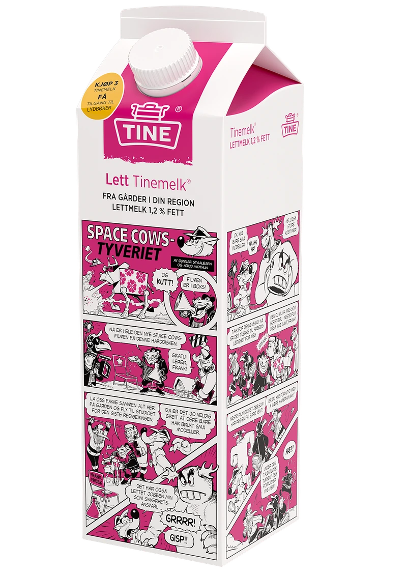 Tine milk carton with the Space Cows Easter crime comic printed on the side, featuring a pink and white illustrated mystery story