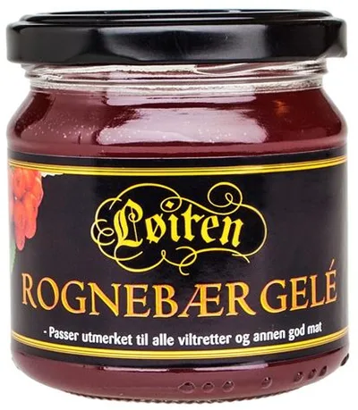 Jar of Løiten rognebær gelé — Norwegian rowanberry jelly for game meats