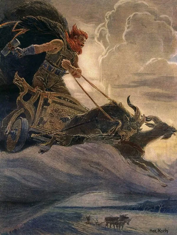 Painting of the Norse thunder god Thor swinging his hammer from a chariot pulled by goats through stormy skies