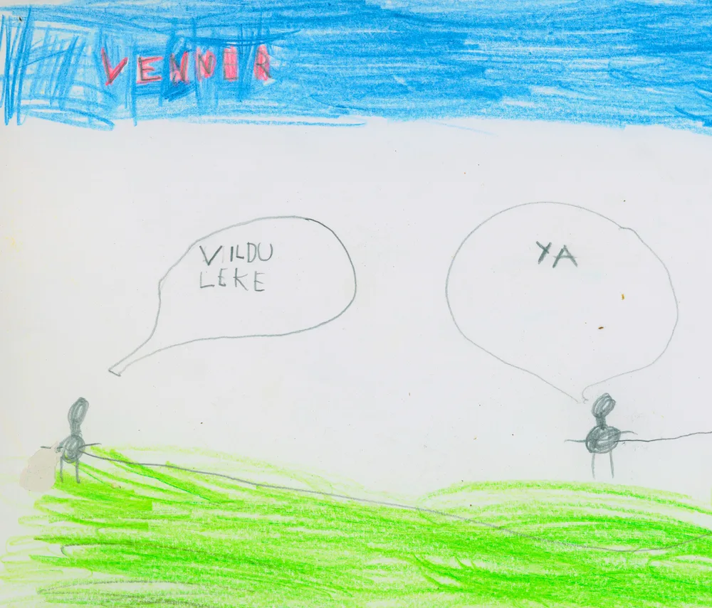 A child's drawing of two people talking together