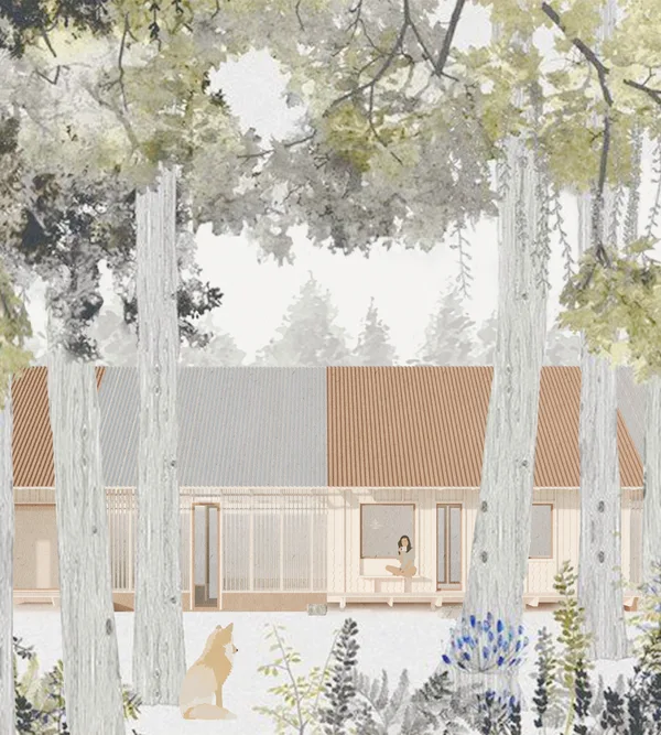 Watercolor illustration of the renovated building nestled among tall pine trees, with a woman and a cat on the terrace