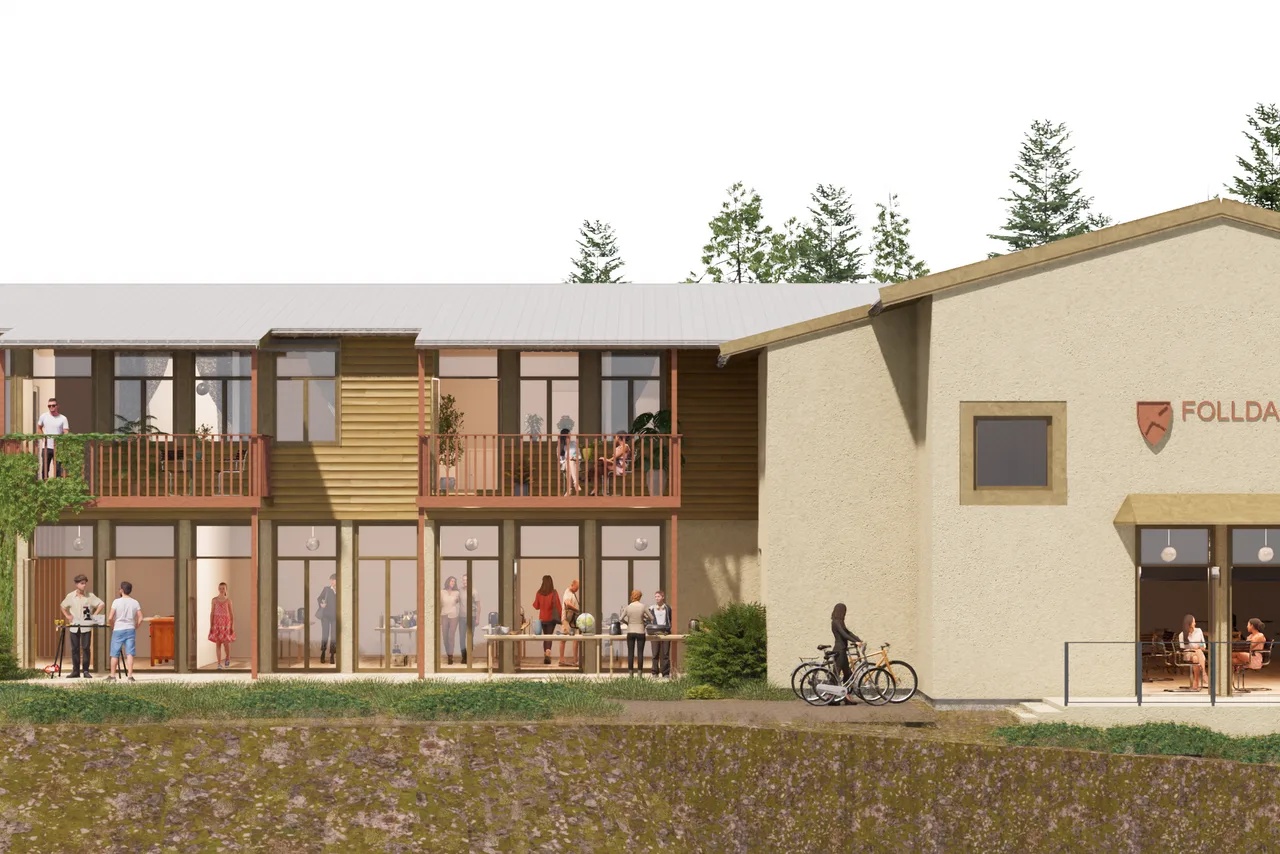 Architectural rendering of the renovated Verket School with balconies, outdoor seating, and the Folldal Volunteer Center on the ground floor
