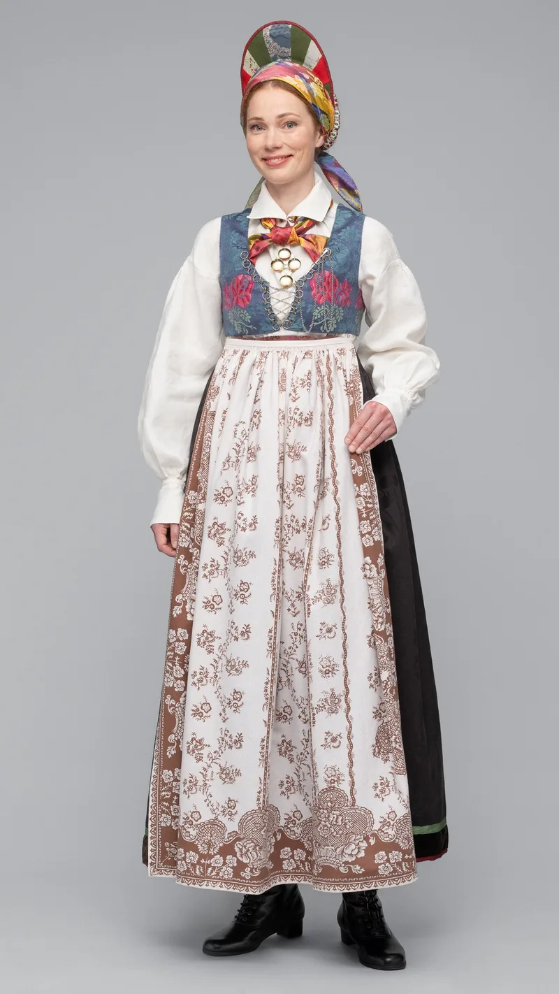 Reconstructed Vest-Agder bunad from 1810 on a model, featuring a blue brocade bodice, patterned cotton apron, colorful headpiece, and silk scarf