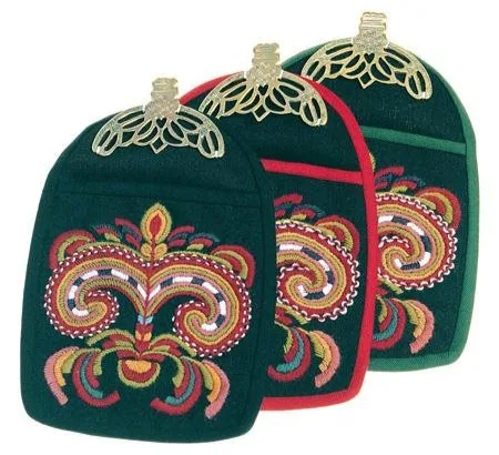 A colourful loose pocket for the Vest-Agder bunad, made from black wool with vibrant multi-coloured embroidery in floral patterns