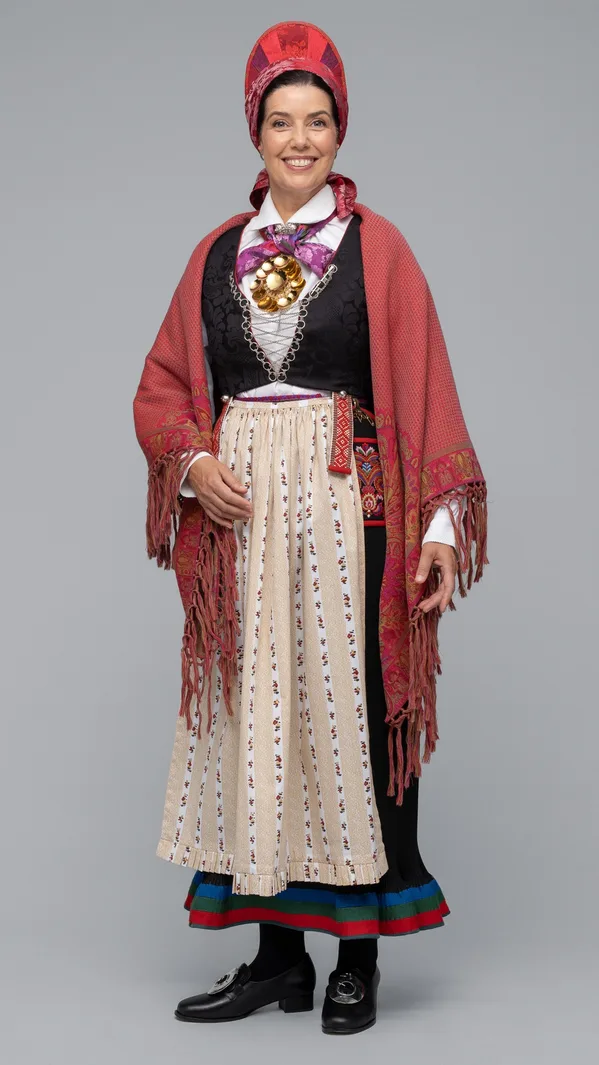 Woman wearing the plissestakk, a pleated skirt variation of the Vest-Agder bunad, with a bell-shaped hem